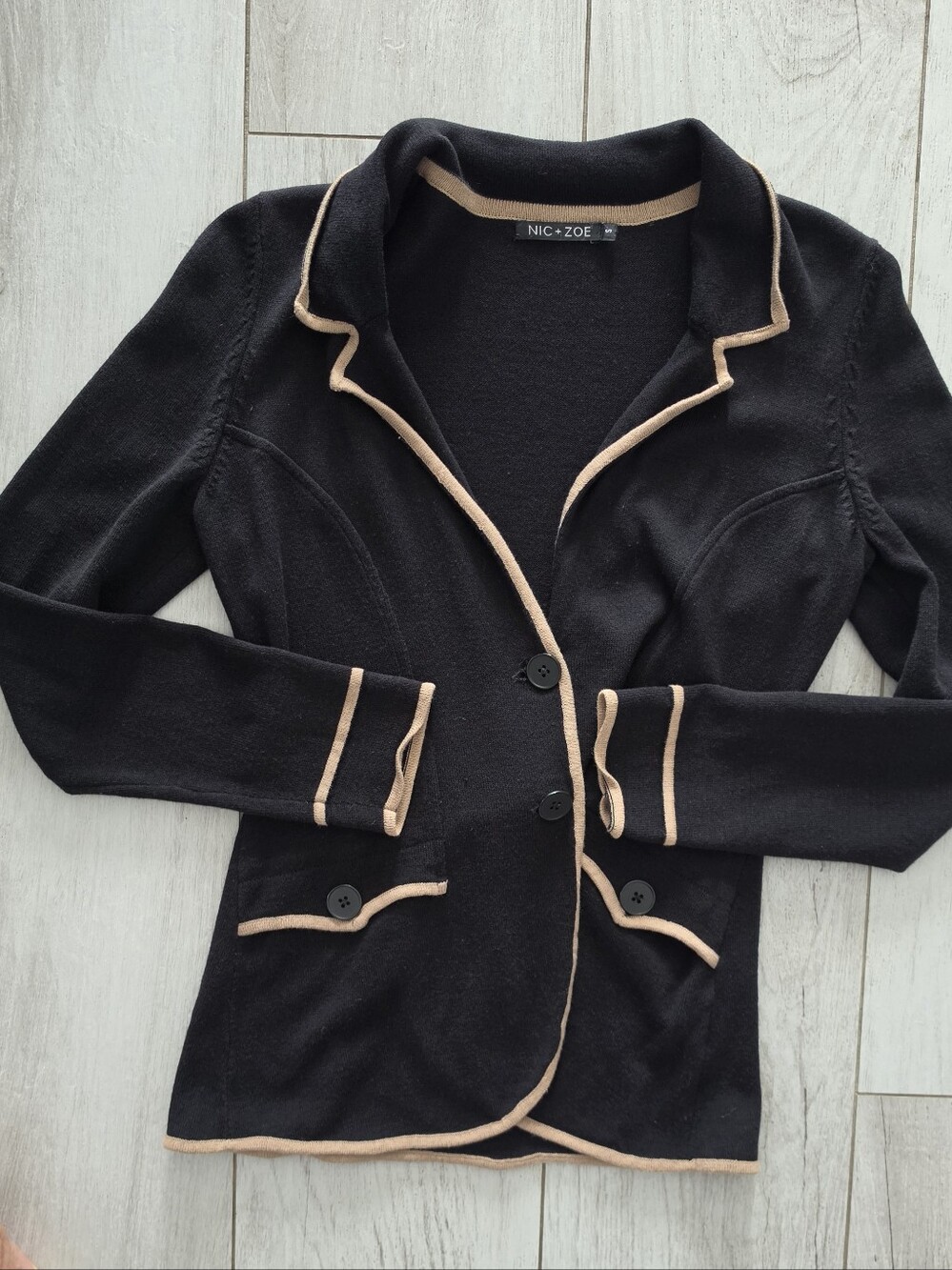 NIC + ZOE Cotton Blend Black/ Beige Trimmed Cardigan. Small